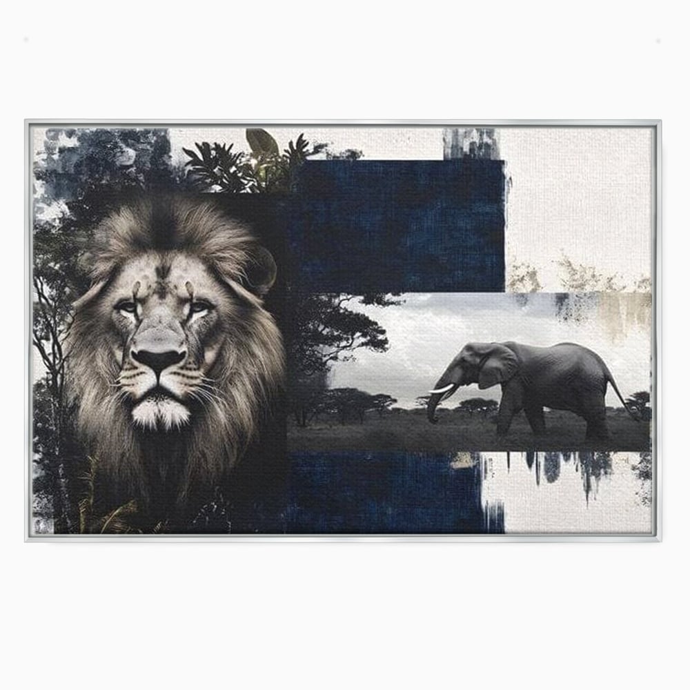 Tablou canvas cu tablou canvas cu leu si elefant, in rama de aluminiu argintiu
